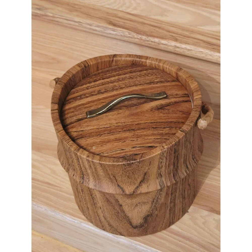 Vintage MCM Kraftware Faux Wood Ice Bucket with Bamboo Handle Made in USA